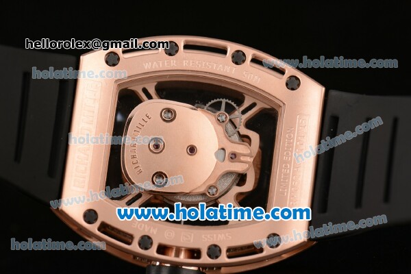 Richard Mille RM 52-01 Swiss ETA 2671 Automatic Rose Gold/Diamond Case with Black Rubber Bracelet White Markers and Skeleton Dial - 1:1 Original - Click Image to Close